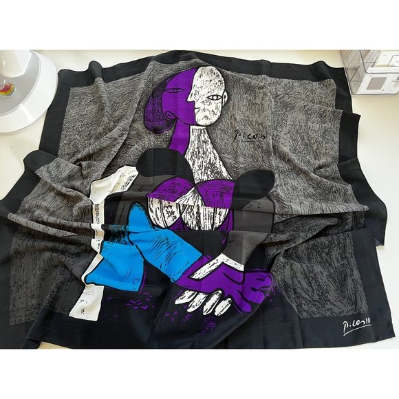 Picasso Large Square Scarf Abstract Face/Body, Purple-Black-Gray-Blue-White - Picture 1 of 7